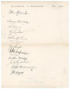 &lsquo;Australia v England Jan. 1925&rsquo;. Large page signed to verso of a &lsquo;Coward&rsquo;s Prince Alfred Hotel, Adelaide&rsquo; letterhead. Twelve nice signatures in black ink of the Australian team for the third (timeless) Test played at Adelaide, 16th- 23rd January 1925. Sig