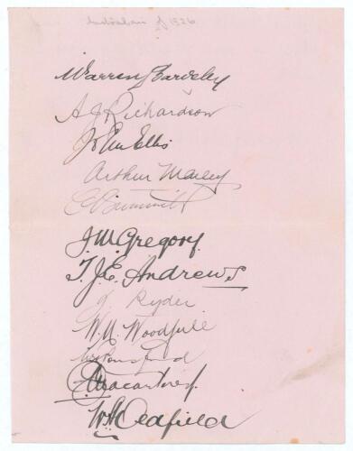 Australia tour to England 1926. Page very nicely signed in black ink by twelve members of the 1926 Australian touring party. Signatures are Bardsley, Richardson, Ellis, Mailey, Grimmett, Gregory, Andrews, Ryder, Woodfull, Ponsford, Macartney and Oldfield.