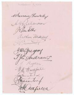 Australia tour to England 1926. Page very nicely signed in black ink by twelve members of the 1926 Australian touring party. Signatures are Bardsley, Richardson, Ellis, Mailey, Grimmett, Gregory, Andrews, Ryder, Woodfull, Ponsford, Macartney and Oldfield.