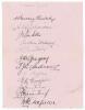 Australia tour to England 1926. Page very nicely signed in black ink by twelve members of the 1926 Australian touring party. Signatures are Bardsley, Richardson, Ellis, Mailey, Grimmett, Gregory, Andrews, Ryder, Woodfull, Ponsford, Macartney and Oldfield.