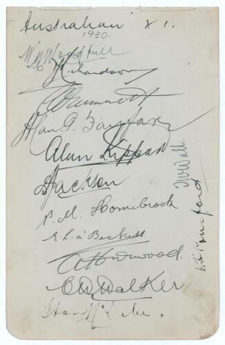Australia tour to England 1930. Album page nicely signed in black ink by thirteen members of the 1930 Australian touring party. Signatures are Woodfull (Captain), Richardson, Grimmett, Fairfax, Kippax, Jackson, Hornibrook, a&rsquo;Beckett, Hurwood, Walker, McCa