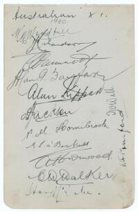 Australia tour to England 1930. Album page nicely signed in black ink by thirteen members of the 1930 Australian touring party. Signatures are Woodfull (Captain), Richardson, Grimmett, Fairfax, Kippax, Jackson, Hornibrook, a&rsquo;Beckett, Hurwood, Walker, McCa