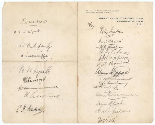 Australia tour to England 1930. Surrey C.C.C. official letterhead nicely signed in black ink by twelve members of the 1930 Australian touring party to the right hand side, with eight England players&rsquo; signatures to the left. Handwritten annotation in ink a