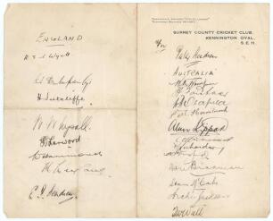 Australia tour to England 1930. Surrey C.C.C. official letterhead nicely signed in black ink by twelve members of the 1930 Australian touring party to the right hand side, with eight England players&rsquo; signatures to the left. Handwritten annotation in ink a