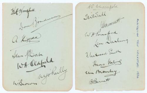 Australia tour to England 1934. Two small album pages very nicely and fully signed in black ink by all sixteen playing members of the 1934 Australian touring party. Signatures are Woodfull (Captain), Bradman, Kippax, McCabe, Oldfield, O&rsquo;Reilly, Brown, Chi