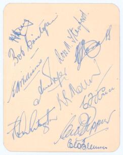 Australian Services in England 1945. Album page very nicely signed in blue ink by the eleven members of the Australian Services team for the match v Nottinghamshire at Trent Bridge, 31st August & 1st September 1945. Signatures are Hassett (Captain), Craig