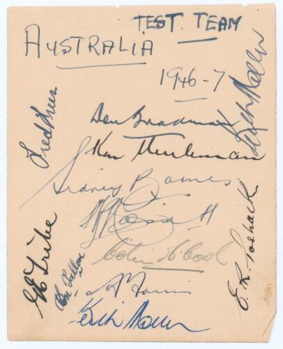 &lsquo;Australia Test Team 1946-7&rsquo;. Album page nicely signed in ink (one in pencil) by eleven Australian players. Signatures are Bradman (Captain), Meuleman, Barnes, Hassett, McCool, Morris, Miller (signed twice), Freer, Tribe, Tallon and Toshack. Good/ very go