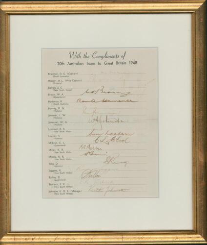 Australia tour to England 1948. Official autograph sheet with printed title and players&rsquo; names, signed in ink by seventeen members of the touring party. Signatures are Bradman (Captain), Hassett, Barnes, Brown, Hamence, Harvey, Johnson, Johnston, Loxton, 