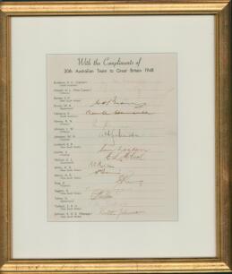 Australia tour to England 1948. Official autograph sheet with printed title and players&rsquo; names, signed in ink by seventeen members of the touring party. Signatures are Bradman (Captain), Hassett, Barnes, Brown, Hamence, Harvey, Johnson, Johnston, Loxton, 