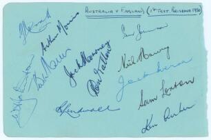 &lsquo;Australia v England. 1st Test Brisbane 1950&rsquo;. Album page signed in ink by the twelve members of the Australian team for the 1st Test played at Brisbane, 1st- 5th December 1950. Signatures are Hassett (Captain), Morris Miller, Johnson, Moroney, Tallon, Li