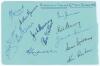 &lsquo;Australia v England. 1st Test Brisbane 1950&rsquo;. Album page signed in ink by the twelve members of the Australian team for the 1st Test played at Brisbane, 1st- 5th December 1950. Signatures are Hassett (Captain), Morris Miller, Johnson, Moroney, Tallon, Li