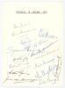 &lsquo;Australia in England 1953&rsquo;. White card with printed title, signed in ink by thirteen members of the 1953 Australian touring party. Signatures are Davidson, Miller, McDonald, Archer, Hole, Lindwall, Langley, Benaud, Ring, Harvey, Morris, de Courcey and Ha