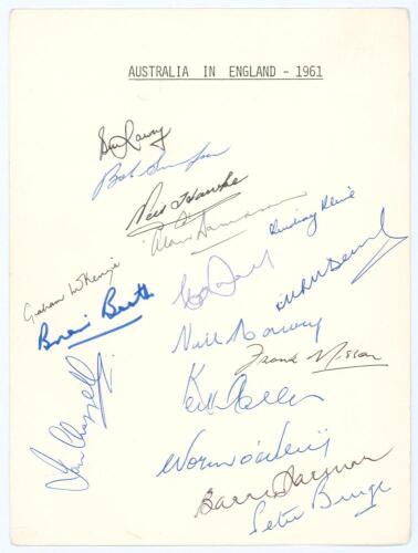 &lsquo;Australia in England 1961&rsquo;. White card with printed title, signed in ink by thirteen members of the 1961 Australian touring party. Signatures are Lawry, Simpson, Davidson, McKenzie, Kline, Booth, McDonald, Benaud, Harvey, Misson, O&rsquo;Neill, Jarman and Burg