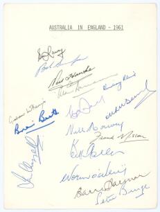 &lsquo;Australia in England 1961&rsquo;. White card with printed title, signed in ink by thirteen members of the 1961 Australian touring party. Signatures are Lawry, Simpson, Davidson, McKenzie, Kline, Booth, McDonald, Benaud, Harvey, Misson, O&rsquo;Neill, Jarman and Burg