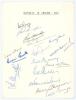 &lsquo;Australia in England 1961&rsquo;. White card with printed title, signed in ink by thirteen members of the 1961 Australian touring party. Signatures are Lawry, Simpson, Davidson, McKenzie, Kline, Booth, McDonald, Benaud, Harvey, Misson, O&rsquo;Neill, Jarman and Burg