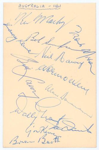 Australia tour to England 1961. Album page signed in ink by twelve members of the 1961 Australian touring party. Signatures are Mackay, Simpson, Kline, Misson, Harvey, O&rsquo;Neill, Lawry, Davidson, Grout, Quick, McKenzie and Booth. The page appears to be slig