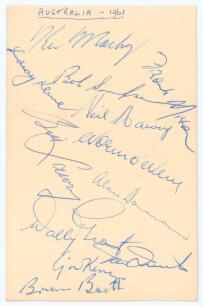Australia tour to England 1961. Album page signed in ink by twelve members of the 1961 Australian touring party. Signatures are Mackay, Simpson, Kline, Misson, Harvey, O&rsquo;Neill, Lawry, Davidson, Grout, Quick, McKenzie and Booth. The page appears to be slig