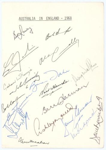&lsquo;Australia in England 1968&rsquo;. White card with printed title, fully signed in ink by all seventeen members of the 1968 Australian touring party. Signatures are Lawry (Captain), Joslin, Connolly, McKenzie, Inverarity, Taber, Walters, Hawke, Cowper, Freeman, 