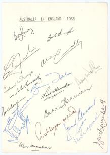 &lsquo;Australia in England 1968&rsquo;. White card with printed title, fully signed in ink by all seventeen members of the 1968 Australian touring party. Signatures are Lawry (Captain), Joslin, Connolly, McKenzie, Inverarity, Taber, Walters, Hawke, Cowper, Freeman, 