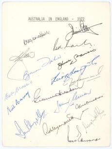 &lsquo;Australia in England 1972&rsquo;. White card with printed title, signed in ink by sixteen members of the 1972 Australian touring party. Signatures are I. Chappell (Captain), G. Chappell, Colley, Marsh, Lilley, Taber, Francis, Massie, Stackpole, Hammond, Watson