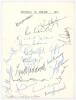&lsquo;Australia in England 1977&rsquo;. White card with printed title, fully signed in ink by all eighteen members of the 1977 Australian touring party. Signatures are G. Chappell (Captain), Hughes, Marsh, Malone, Cosier, Pascoe, Walters, Bright, Dymock, Walker, Tho