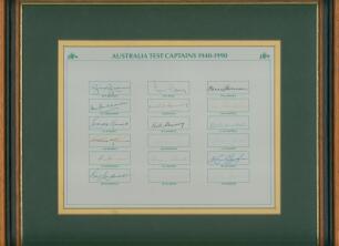 &lsquo;Australia Test Captains 1940-1990&rsquo;. Card with printed title and named signature boxes, fully signed by the eighteen listed Australia Test captains. Signatures are Brown, Bradman, Hassett, Morris, Johnson, Lindwall, Craig, Benaud, Harvey, Simpson, Booth, 