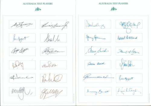 Australia 1920s- 2000s. Six autograph cards/ pages including five, each with printed titles and named signature boxes. Four are titled &lsquo;Australia Test Players&rsquo;, each with twelve signatures, and one &lsquo;Australia Centurions- One Day Internationals 1971-1992&rsquo; 