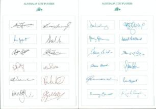 Australia 1920s- 2000s. Six autograph cards/ pages including five, each with printed titles and named signature boxes. Four are titled &lsquo;Australia Test Players&rsquo;, each with twelve signatures, and one &lsquo;Australia Centurions- One Day Internationals 1971-1992&rsquo; 