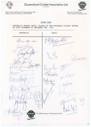 Australia v India 1991. Official Queensland Cricket Association autograph sheet for the 1st Test played at Brisbane, 29th November- 3rd December 1991. Signed by twelve members of the Australian team and fourteen of India. Signatures include the captains, 