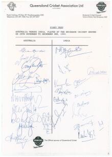 Australia v India 1991. Official Queensland Cricket Association autograph sheet for the 1st Test played at Brisbane, 29th November- 3rd December 1991. Signed by twelve members of the Australian team and fourteen of India. Signatures include the captains, 