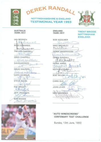 &lsquo;Derek Randall. Nottinghamshire & England Testimonial Year 1993&rsquo;. Official autograph sheet for the one day Testimonial match, England XI v Australia XI at Trent Bridge, 12th June 1993. Signed in ink by all eleven listed Australians and the ten listed Engl