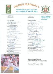 &lsquo;Derek Randall. Nottinghamshire & England Testimonial Year 1993&rsquo;. Official autograph sheet for the one day Testimonial match, England XI v Australia XI at Trent Bridge, 12th June 1993. Signed in ink by all eleven listed Australians and the ten listed Engl