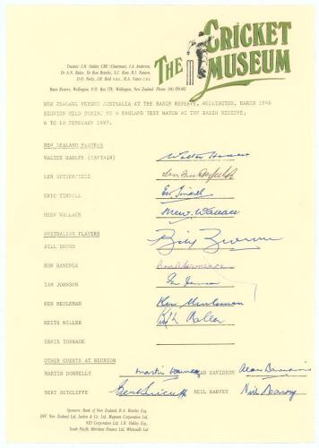 New Zealand v Australia 1946. Official Wellington Cricket Museum &lsquo;1946 Reunion&rsquo; autograph sheet signed by fourteen players who attended the reunion in 1997. Signatures are Hadlee, Butterfield, Tindill, Wallace (New Zealand), Brown, Hamence, Johnson, Meule