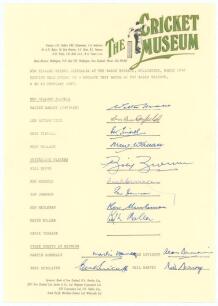 New Zealand v Australia 1946. Official Wellington Cricket Museum &lsquo;1946 Reunion&rsquo; autograph sheet signed by fourteen players who attended the reunion in 1997. Signatures are Hadlee, Butterfield, Tindill, Wallace (New Zealand), Brown, Hamence, Johnson, Meule
