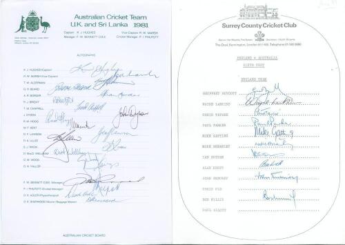 Australia tour to England 1981. Official Australian Cricket Board autograph sheet with printed title and players&rsquo; names, fully signed in ink by all twenty listed members of the Australian touring party. Players&rsquo; signatures are Hughes (Captain), Marsh, Ald