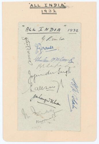 All India tour to England 1932. Album page very nicely signed in ink by eleven members of the 1932 India touring party. Signatures are Limbdi, Amar Singh, Navle, Ghulam Mohammad, Kapadia, Joginder Singh, Lall Singh, Jahangir Khan, Nissar (signed in penc
