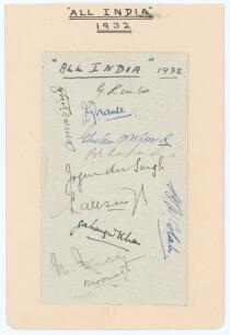 All India tour to England 1932. Album page very nicely signed in ink by eleven members of the 1932 India touring party. Signatures are Limbdi, Amar Singh, Navle, Ghulam Mohammad, Kapadia, Joginder Singh, Lall Singh, Jahangir Khan, Nissar (signed in penc
