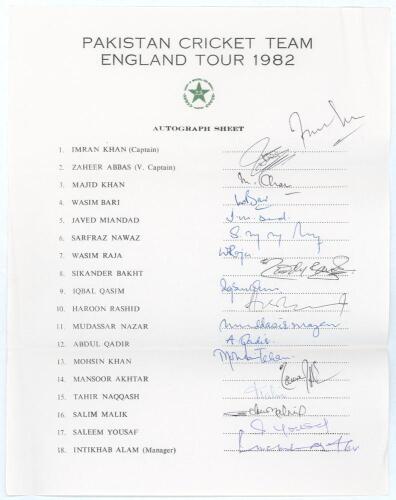 Pakistan tour to England 1982. Official autograph sheet with printed title and players&rsquo; names, fully signed in ink by all eighteen of the listed members of the touring party. Signatures are Imran Khan (Captain), Zaheer Abbas, Majid Khan, Wasim Bari, Javed