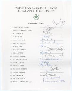 Pakistan tour to England 1982. Official autograph sheet with printed title and players&rsquo; names, fully signed in ink by all eighteen of the listed members of the touring party. Signatures are Imran Khan (Captain), Zaheer Abbas, Majid Khan, Wasim Bari, Javed