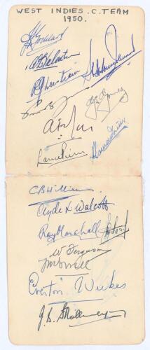 West Indies tour to England 1950. Two joined album pages fully signed in ink by the seventeen members of the West Indies touring party. Signatures are Goddard (Captain), Valentine, Christiani, Johnson, Jones, Gomez, Rae, Pierre, Ramadhin, Williams, Walcot