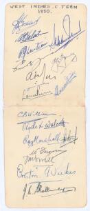 West Indies tour to England 1950. Two joined album pages fully signed in ink by the seventeen members of the West Indies touring party. Signatures are Goddard (Captain), Valentine, Christiani, Johnson, Jones, Gomez, Rae, Pierre, Ramadhin, Williams, Walcot