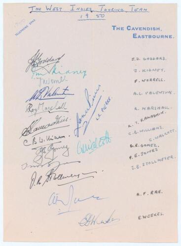 West Indies tour of England 1950. &lsquo;The Cavendish, Eastbourne&rsquo; headed paper nicely signed in different coloured inks by fourteen members of the West Indies touring party including the Manager J.M. Kidney. Players&rsquo; signatures, with names annotated in ink to