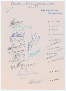 West Indies tour of England 1950. &lsquo;The Cavendish, Eastbourne&rsquo; headed paper nicely signed in different coloured inks by fourteen members of the West Indies touring party including the Manager J.M. Kidney. Players&rsquo; signatures, with names annotated in ink to