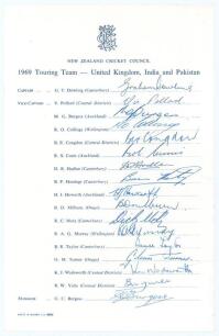New Zealand tour to England, India and Pakistan 1969. Official New Zealand Cricket Council autograph sheet signed by all seventeen members of the touring party. Signatures include Dowling (Captain), Pollard, Burgess, Collinge, Congdon, D. Hadlee, Howarth,