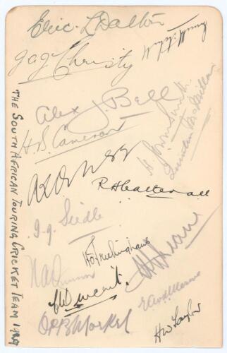 South Africa tour to England 1929. Album page fully and nicely signed in ink and pencil by the seventeen original members of the touring party. Signatures are Dalton, Christy, Mitchell, Bell, Cameron, Owen-Smith, McMillan, Ochse, Catterall, Siedle, Quinn,