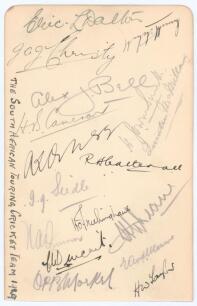 South Africa tour to England 1929. Album page fully and nicely signed in ink and pencil by the seventeen original members of the touring party. Signatures are Dalton, Christy, Mitchell, Bell, Cameron, Owen-Smith, McMillan, Ochse, Catterall, Siedle, Quinn,