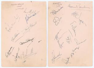 South Africa and county signatures 1946 & 1947. Four album pages, one signed in ink by eleven members of the 1946 Essex team. Signatures are Wade, Bailey, Price, Eve, R. Smith, Insole, Pearce, Cray, Vigar, P. Smith and Dodds. Another with nine signatures 