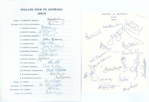 &lsquo;England Tour to Australia 1978-79&rsquo;. Official autograph sheet with printed title and players&rsquo; names. Fully signed in ink by all twenty listed members of the touring party. Sold with another unofficial sheet for the same tour with handwritten title, fully 