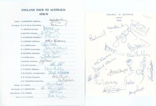 &lsquo;England Tour to Australia 1978-79&rsquo;. Official autograph sheet with printed title and players&rsquo; names. Fully signed in ink by all twenty listed members of the touring party. Sold with another unofficial sheet for the same tour with handwritten title, fully 