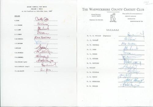 England v India and Pakistan 1982. Two official autograph sheets, one for the 2nd Test v India at Old Trafford 24th- 28th June 1982, the other on Warwickshire C.C.C. letterhead for the 1st Test v Pakistan at Edgbaston, 29th July- 1st August 1982. Both she